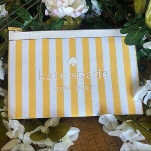 Kate Spade Yellow White Striped Pouch Zip Cosmetic Bag NWT